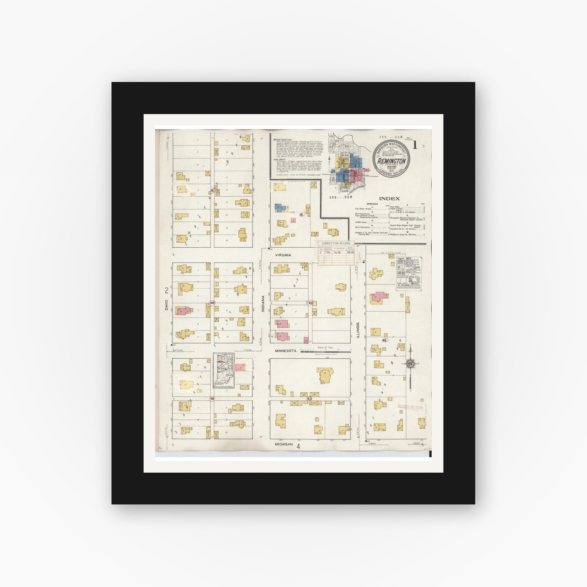 Old map wall art mockup — black gallery frame with white mat — Sanborn Fire Insurance Map from Remington, Jasper County, Indiana (1932) - Complete Map Set
