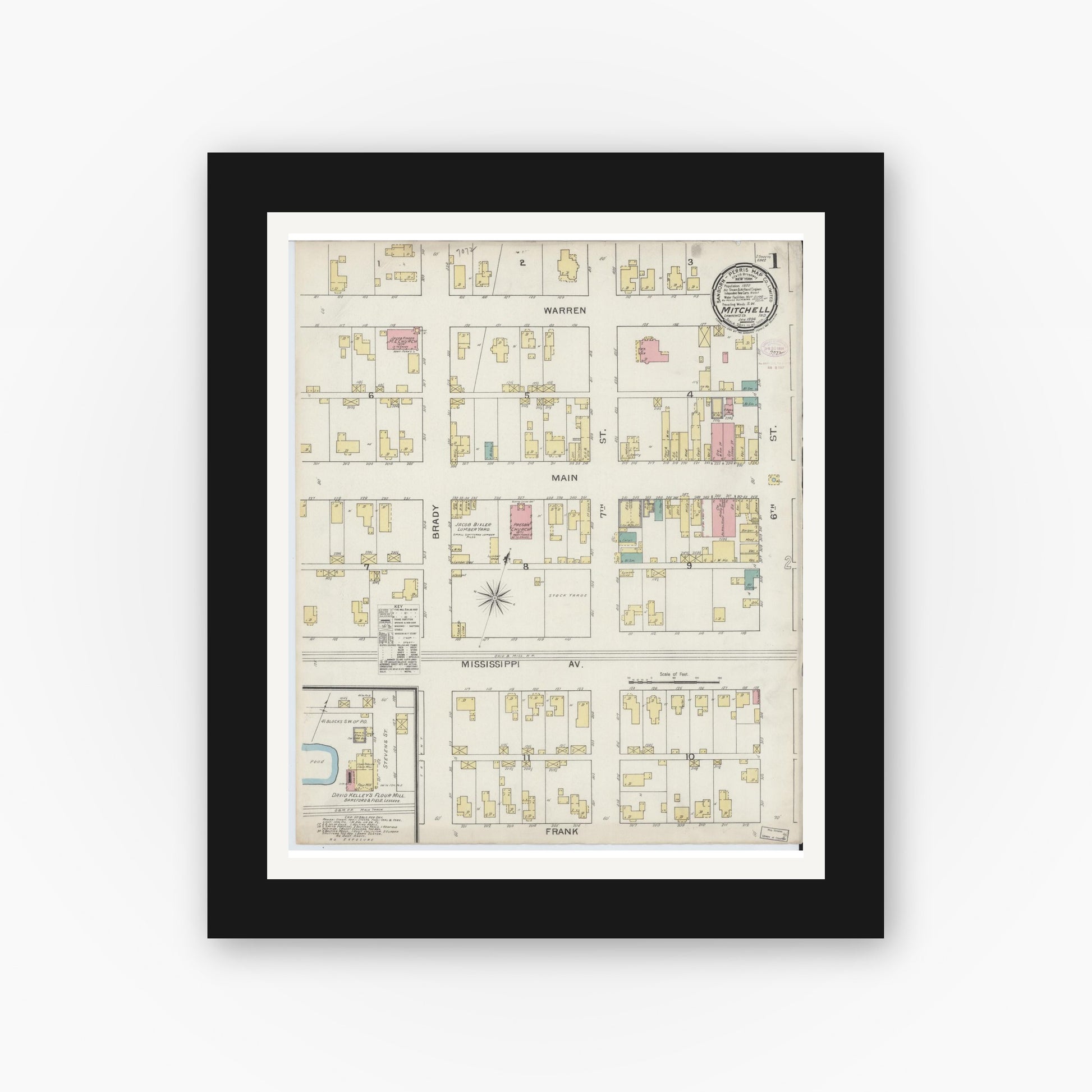 Old map wall art mockup — black gallery frame with white mat — Sanborn Fire Insurance Map from Mitchell, Lawrence County, Indiana (1894) - Complete Map Set