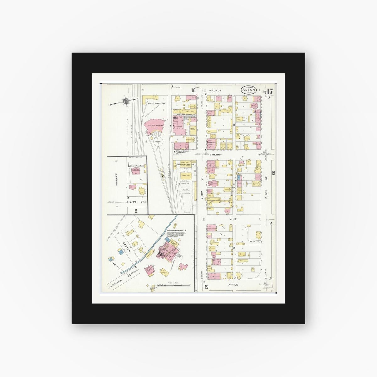 Old map wall art mockup — black gallery frame with white mat — Sanborn Fire Insurance Map from Alton, Madison County, Illinois (1909), Sheet #0017