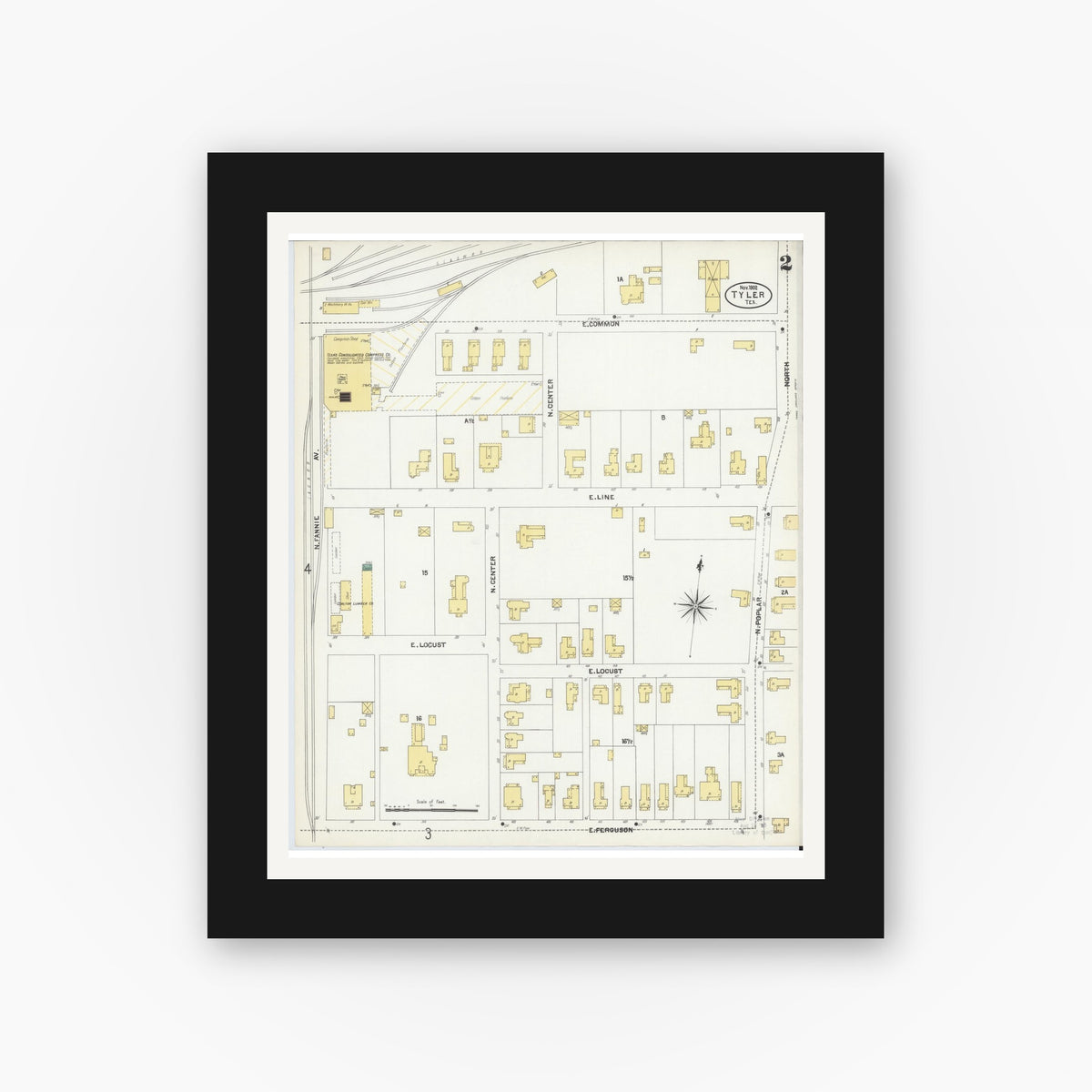 Old map wall art mockup — black gallery frame with white mat — Sanborn Fire Insurance Map from Tyler, Smith County, Texas (1902), Sheet #0002