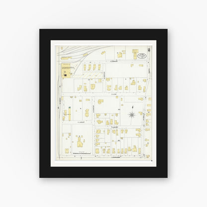 Old map wall art mockup — black gallery frame with white mat — Sanborn Fire Insurance Map from Tyler, Smith County, Texas (1902), Sheet #0002