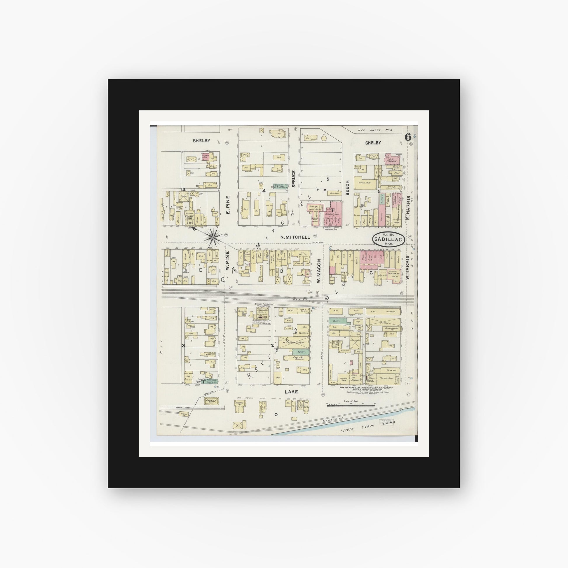 Old map wall art mockup — black gallery frame with white mat — Sanborn Fire Insurance Map from Cadillac, Wexford County, Michigan (1890), Sheet #0006