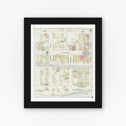 Old map wall art mockup — black gallery frame with white mat — Sanborn Fire Insurance Map from Cadillac, Wexford County, Michigan (1890), Sheet #0006