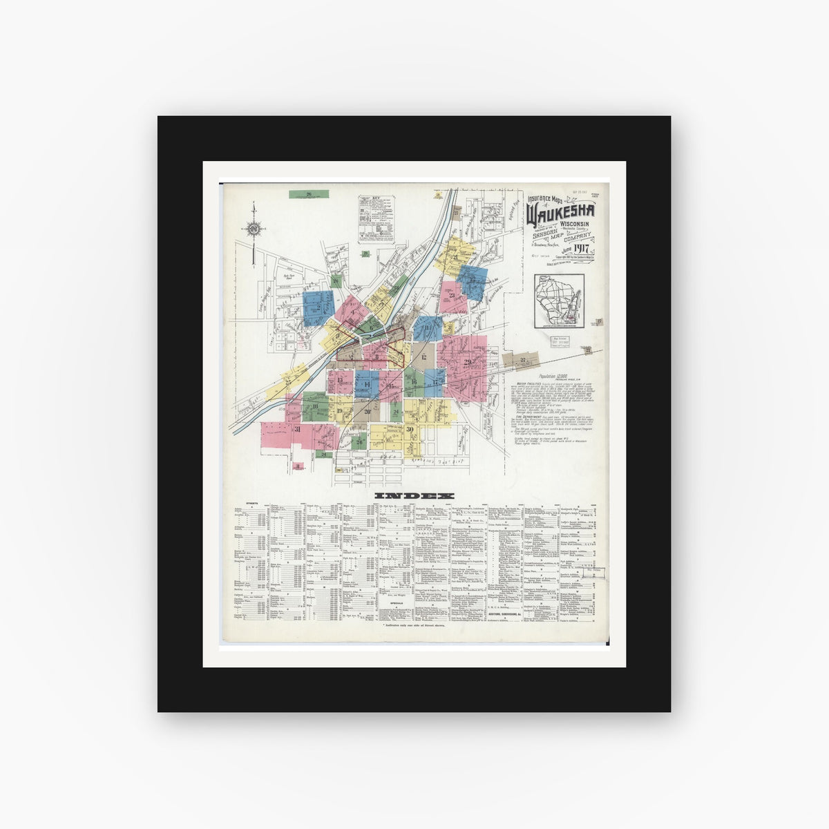 Old map wall art mockup — black gallery frame with white mat — Sanborn Fire Insurance Map from Waukesha, Waukesha County, Wisconsin (1917) - Complete Map Set