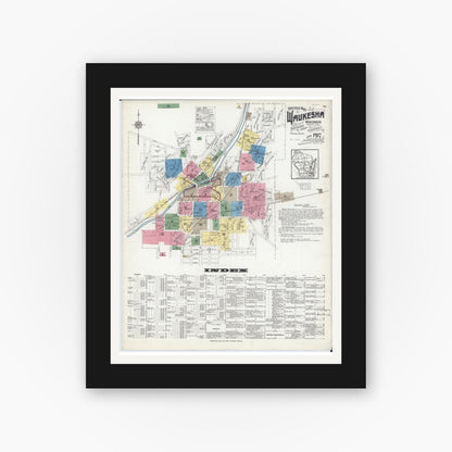 Old map wall art mockup — black gallery frame with white mat — Sanborn Fire Insurance Map from Waukesha, Waukesha County, Wisconsin (1917) - Complete Map Set