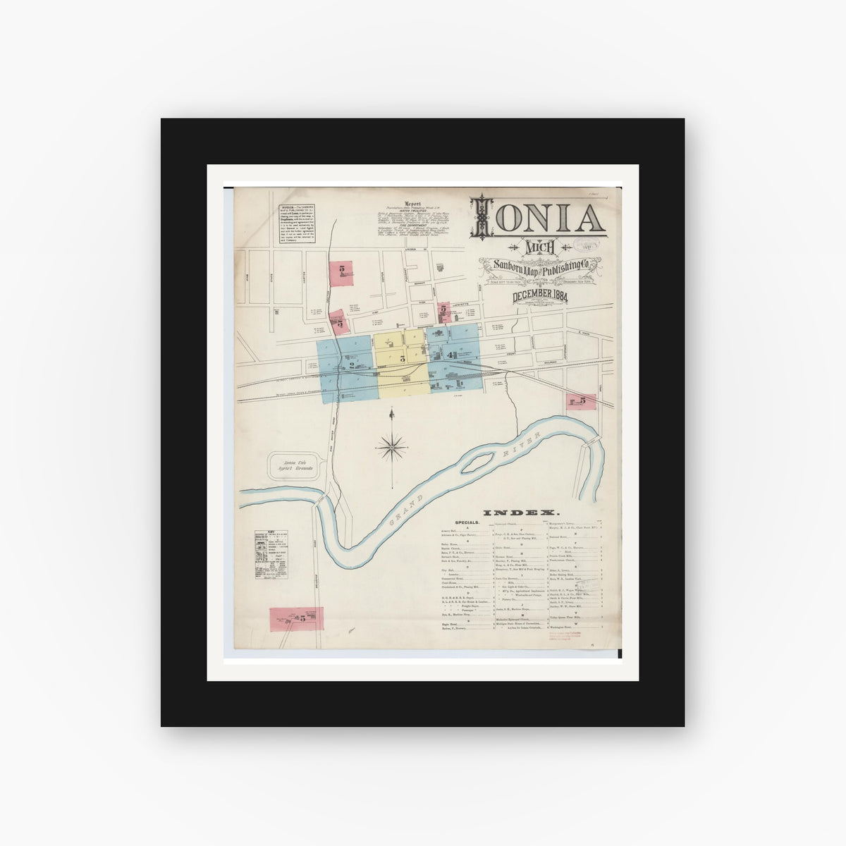 Old map wall art mockup — black gallery frame with white mat — Sanborn Fire Insurance Map from Ionia, Ionia County, Michigan (1884) - Complete Map Set