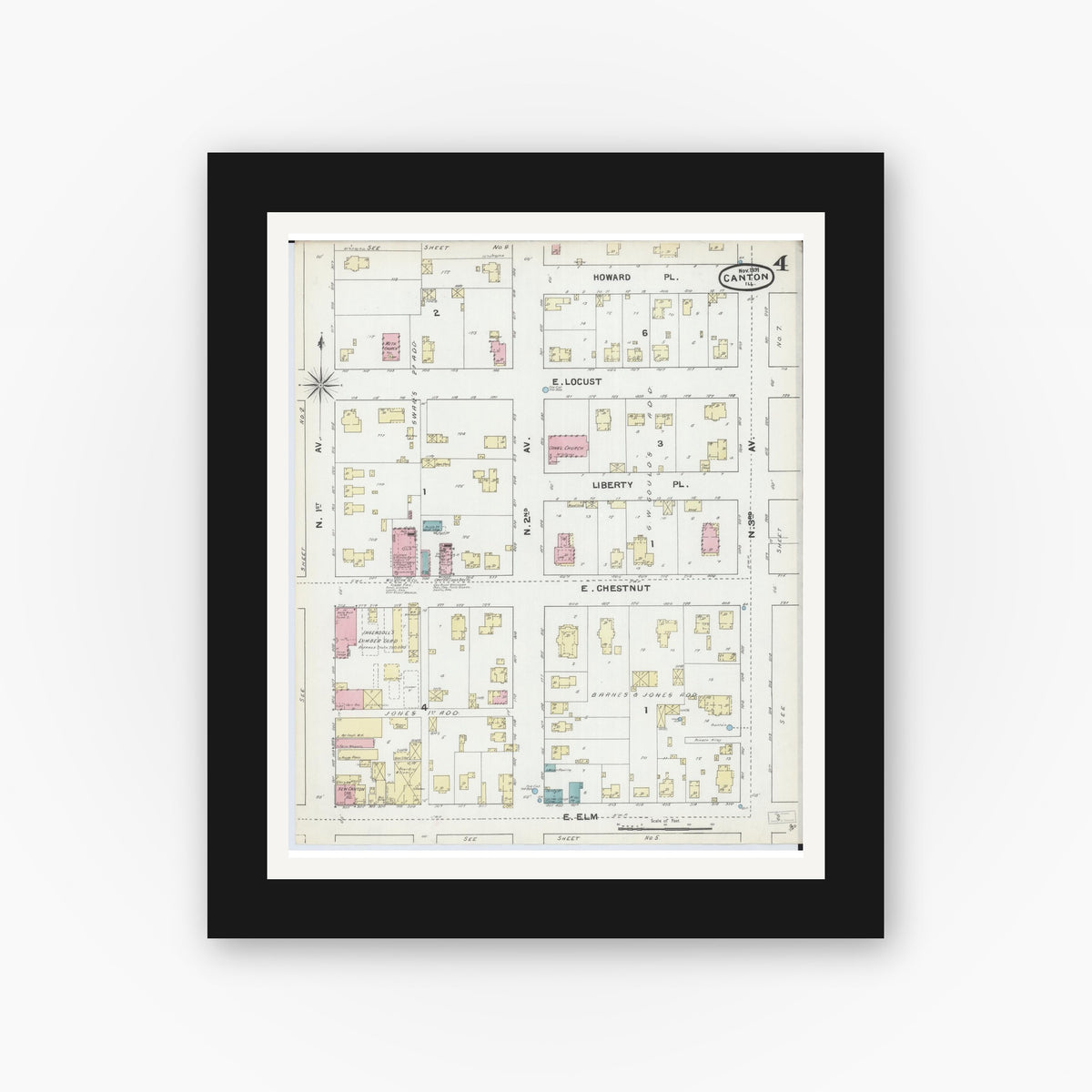 Old map wall art mockup — black gallery frame with white mat — Sanborn Fire Insurance Map from Canton, Fulton County, Illinois (1891), Sheet #0004
