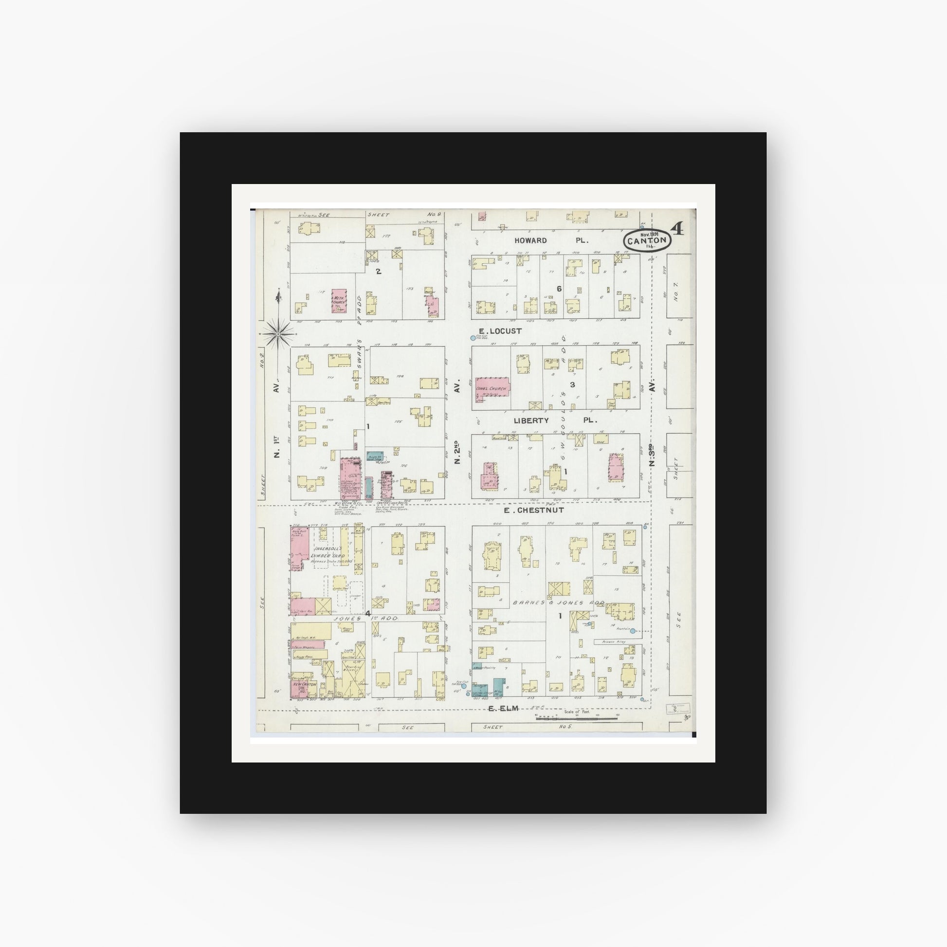 Old map wall art mockup — black gallery frame with white mat — Sanborn Fire Insurance Map from Canton, Fulton County, Illinois (1891), Sheet #0004