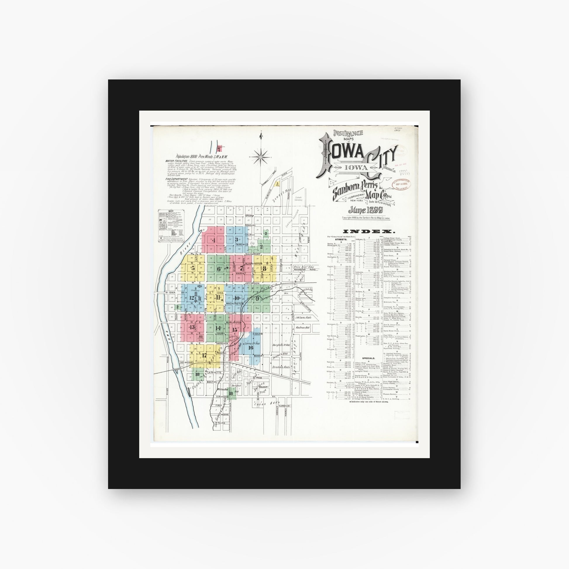 Old map wall art mockup — black gallery frame with white mat — Sanborn Fire Insurance Map from Iowa City, Johnson County, Iowa (1899) â€” Complete Set