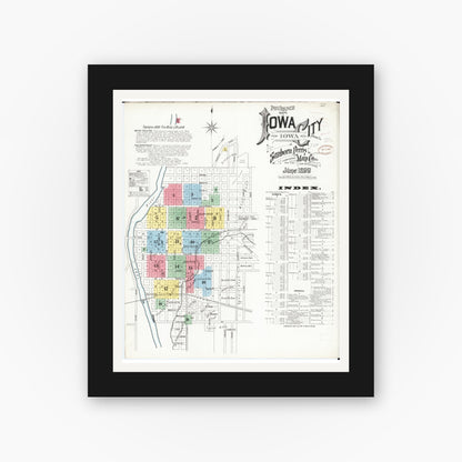 Old map wall art mockup — black gallery frame with white mat — Sanborn Fire Insurance Map from Iowa City, Johnson County, Iowa (1899) â€” Complete Set