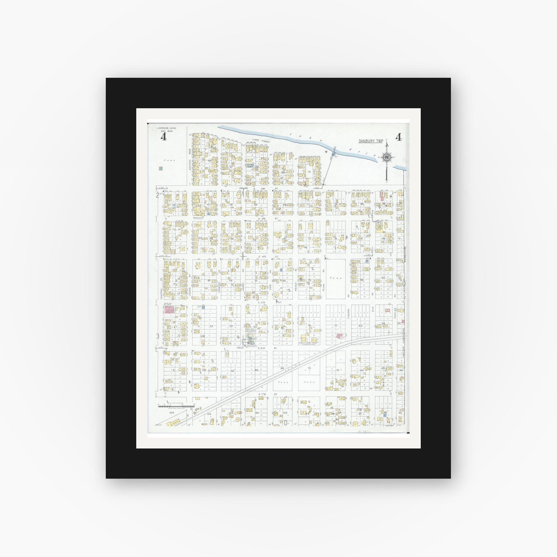 Old map wall art mockup — black gallery frame with white mat — Sanborn Fire Insurance Map from Lakeside, Ottawa County, Ohio (1946), Sheet #0004