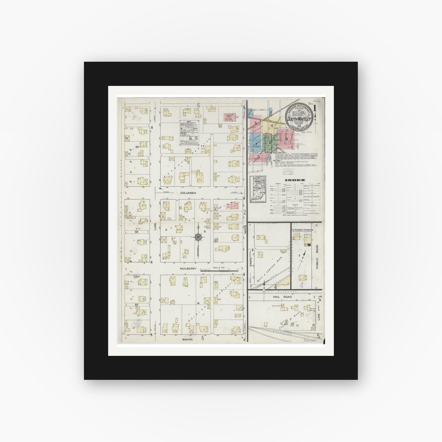Old map wall art mockup — black gallery frame with white mat — Sanborn Fire Insurance Map from South Whitley, Whitley County, Indiana (1914) - Complete Map Set