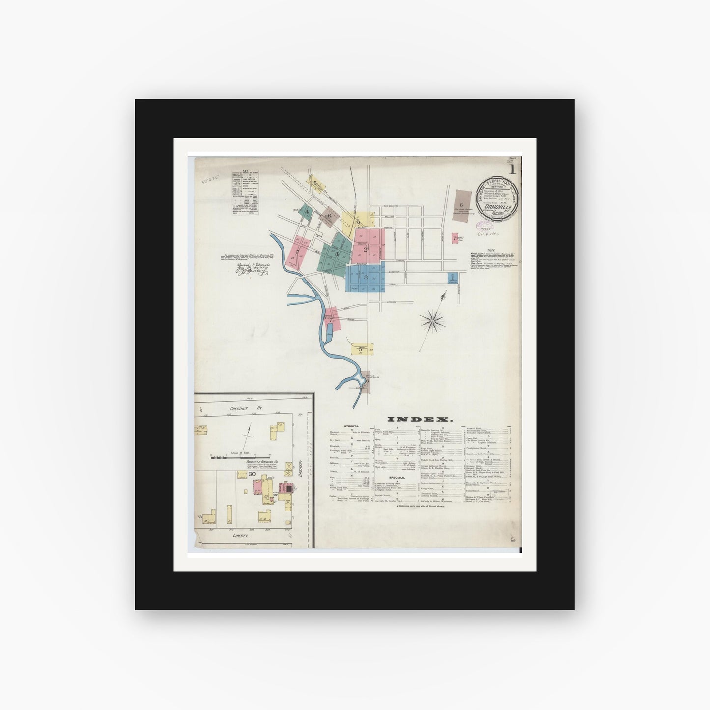 Old map wall art mockup — black gallery frame with white mat — Sanborn Fire Insurance Map from Dansville, Livingston County, New York (1893) - Complete Map Set