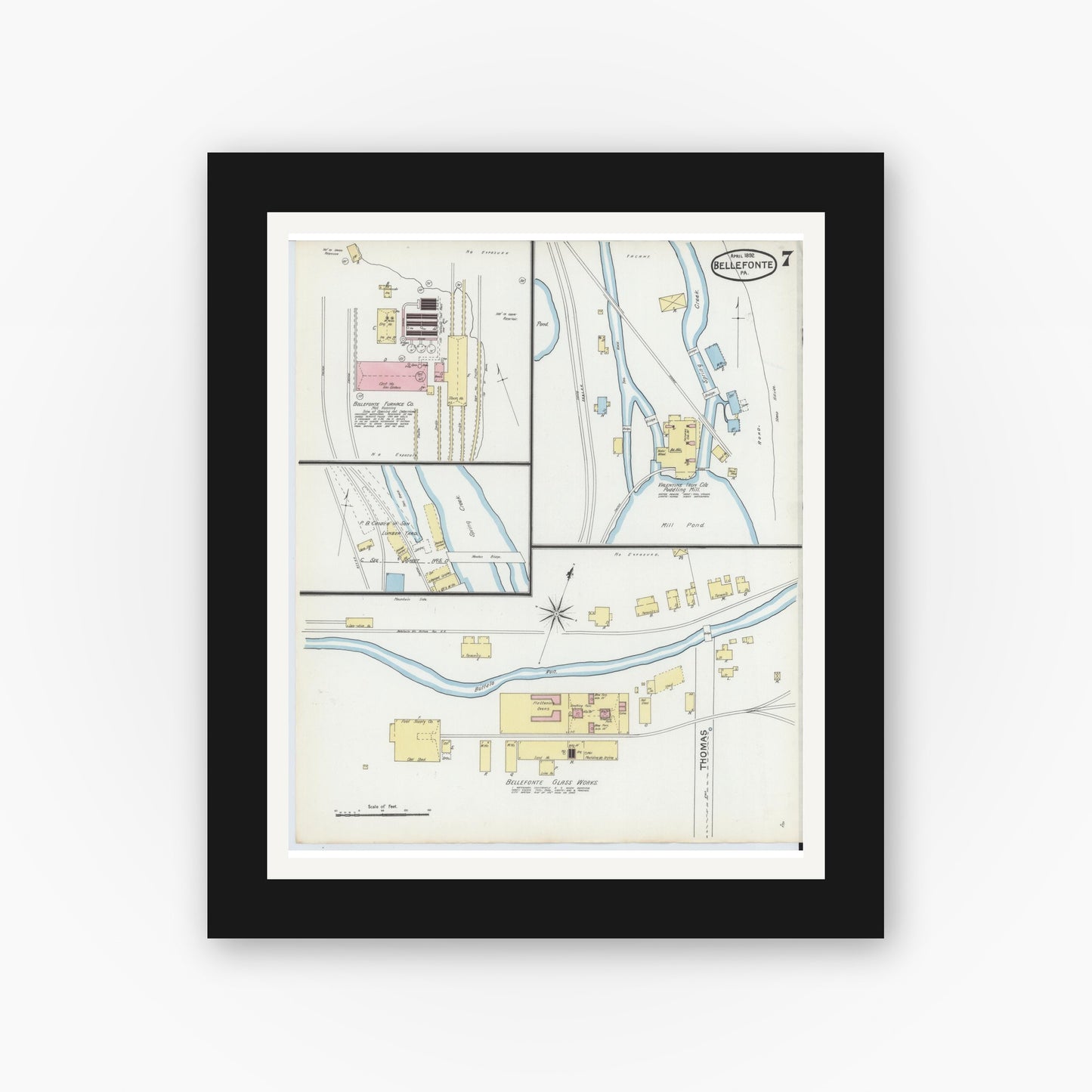 Old map wall art mockup — black gallery frame with white mat — Sanborn Fire Insurance Map from Bellefonte, Centre County, Pennsylvania (1892), Sheet #0007