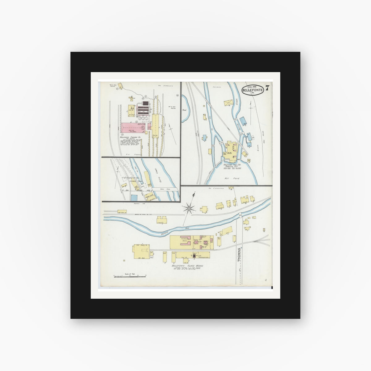 Old map wall art mockup — black gallery frame with white mat — Sanborn Fire Insurance Map from Bellefonte, Centre County, Pennsylvania (1892), Sheet #0007