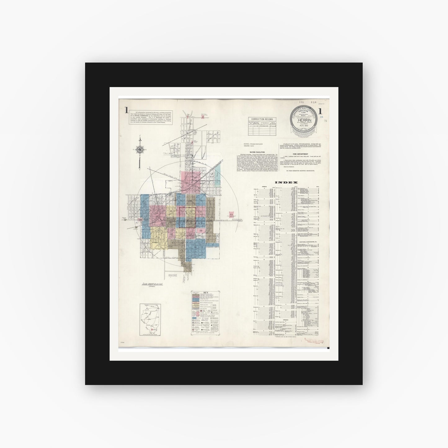 Old map wall art mockup — black gallery frame with white mat — Sanborn Fire Insurance Map from Herrin, Williamson County, Illinois (1947), Sheet #0001