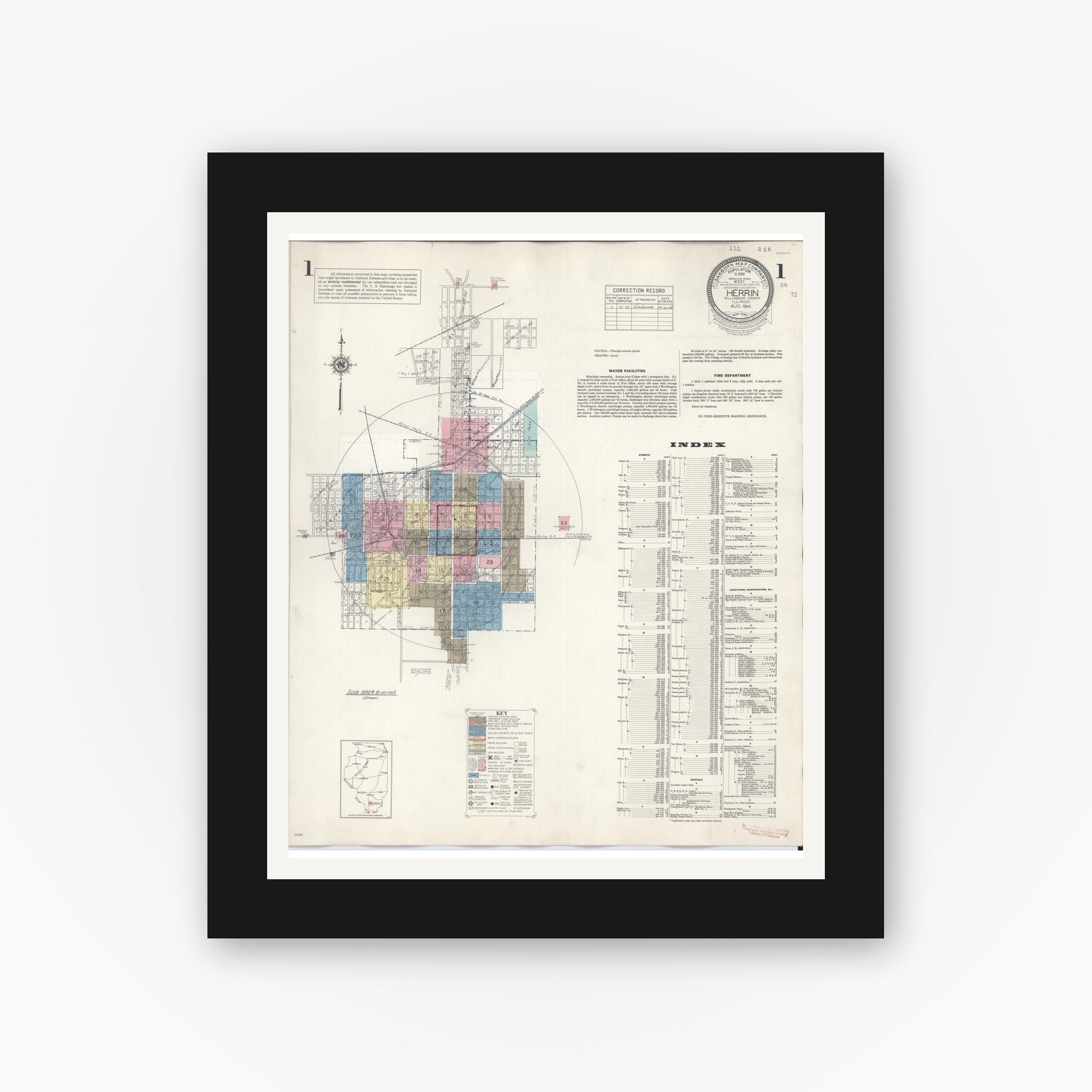 Old map wall art mockup — black gallery frame with white mat — Sanborn Fire Insurance Map from Herrin, Williamson County, Illinois (1947), Sheet #0001