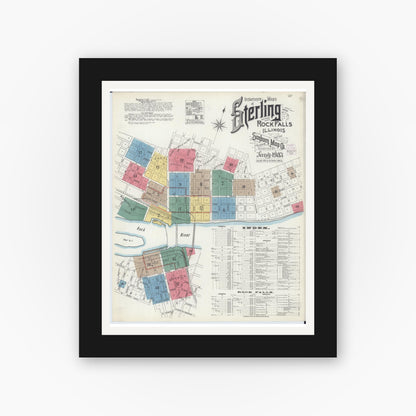 Old map wall art mockup — black gallery frame with white mat — Sanborn Fire Insurance Map from Sterling, Whiteside County, Illinois (1903) - Complete Map Set