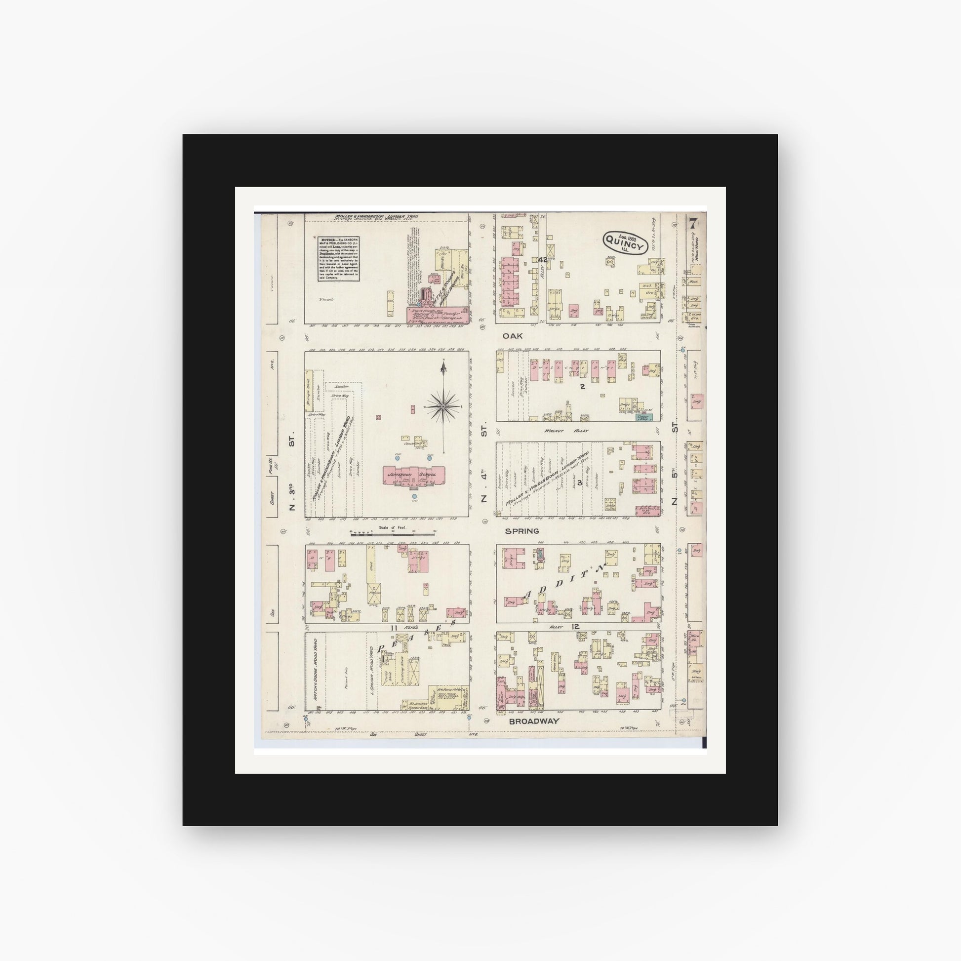 Old map wall art mockup — black gallery frame with white mat — Sanborn Fire Insurance Map from Quincy, Adams County, Illinois (1883), Sheet #0007