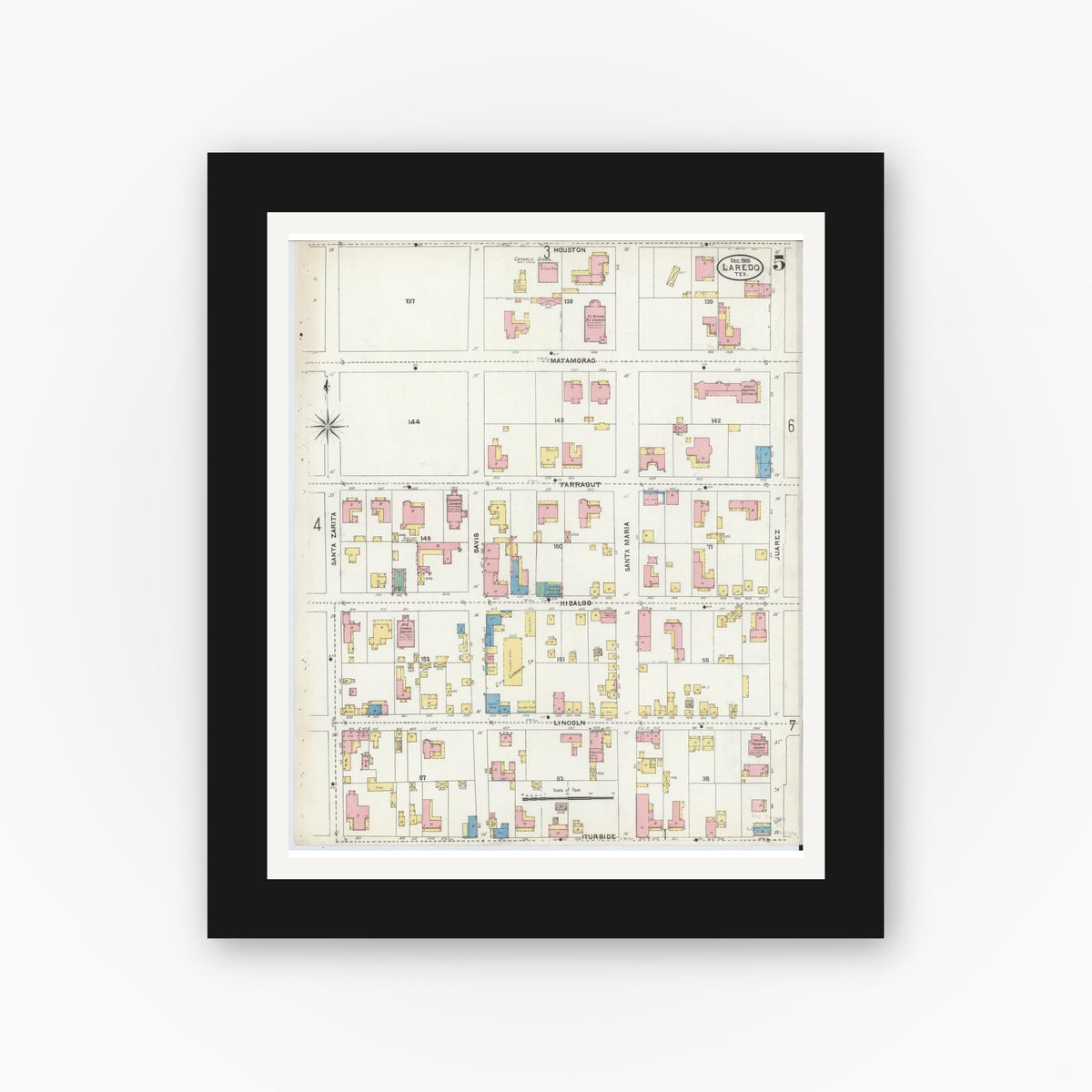 Old map wall art mockup — black gallery frame with white mat — Sanborn Fire Insurance Map from Laredo, Webb County, Texas (1905), Sheet #0005