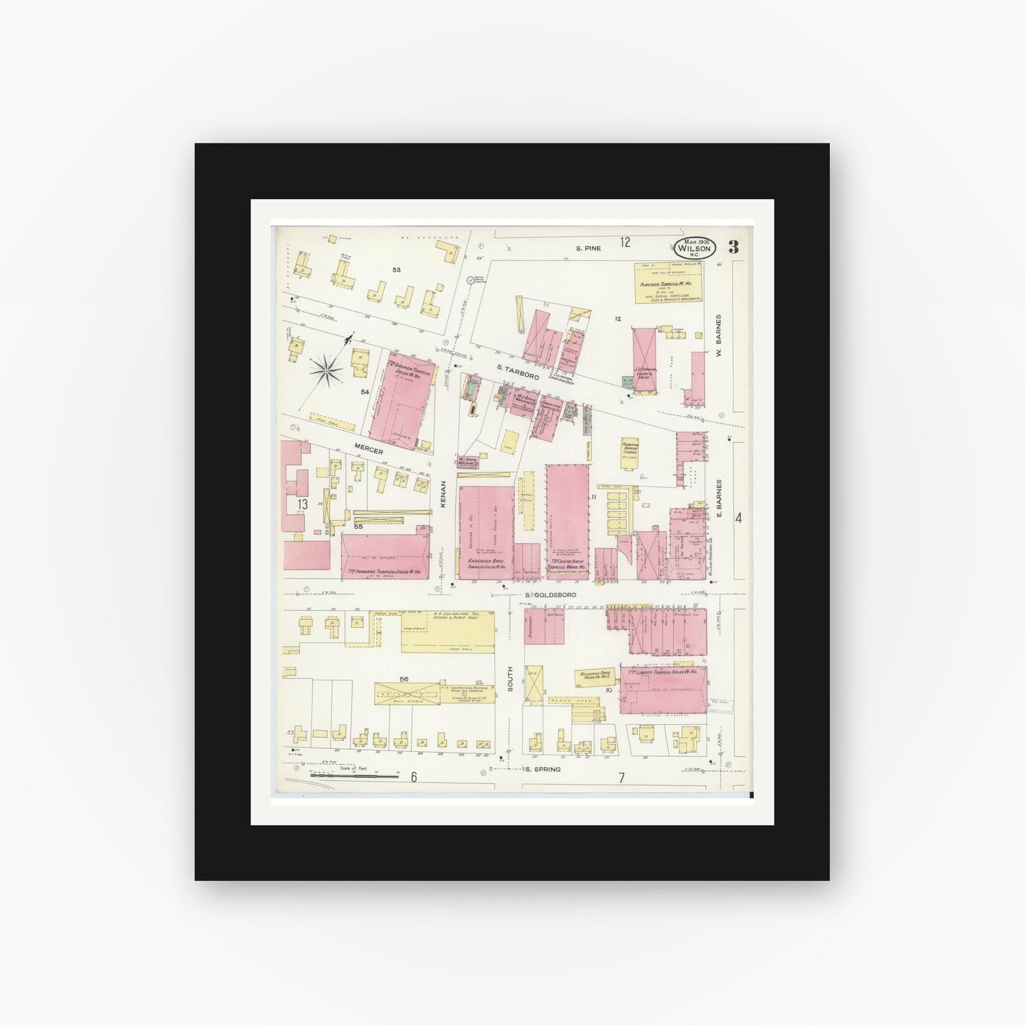 Old map wall art mockup — black gallery frame with white mat — Sanborn Fire Insurance Map from Wilson, Wilson County, North Carolina (1908), Sheet #0003