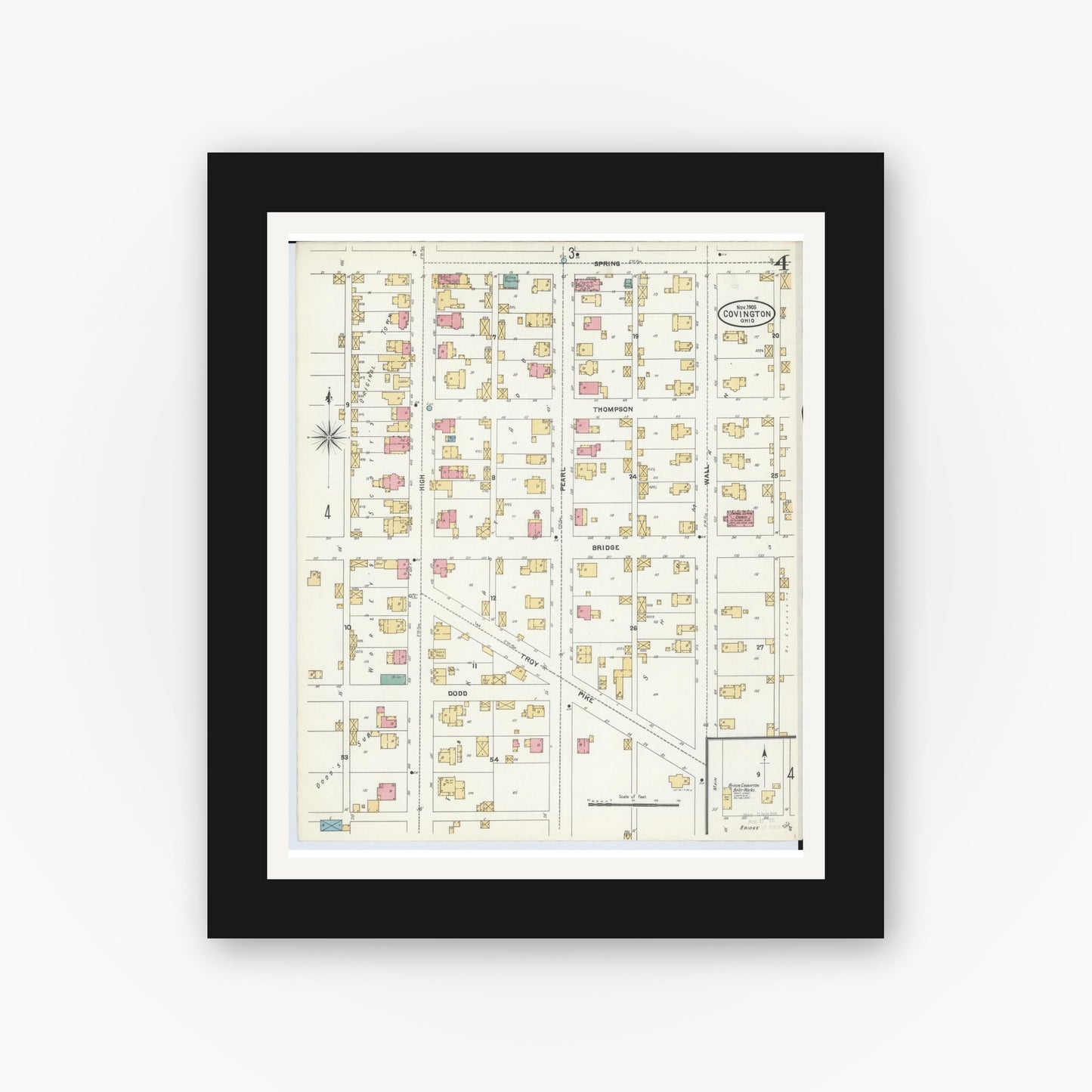 Old map wall art mockup — black gallery frame with white mat — Sanborn Fire Insurance Map from Covington, Miami County, Ohio (1905), Sheet #0004