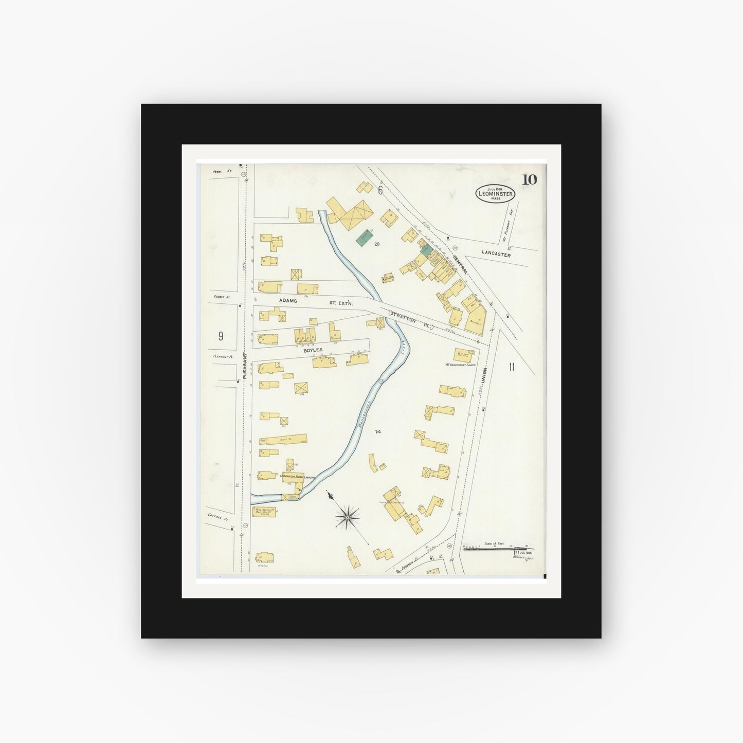 Old map wall art mockup — black gallery frame with white mat — Sanborn Fire Insurance Map from Leominster, Worcester County, Massachusetts (1906), Sheet #0010