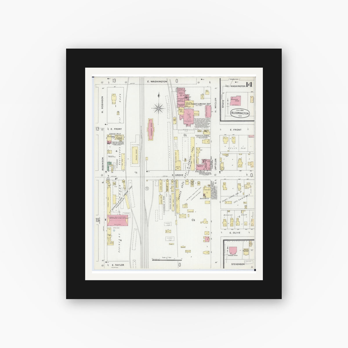 Old map wall art mockup — black gallery frame with white mat — Sanborn Fire Insurance Map from Bloomington, McLean County, Illinois (1896), Sheet #0014