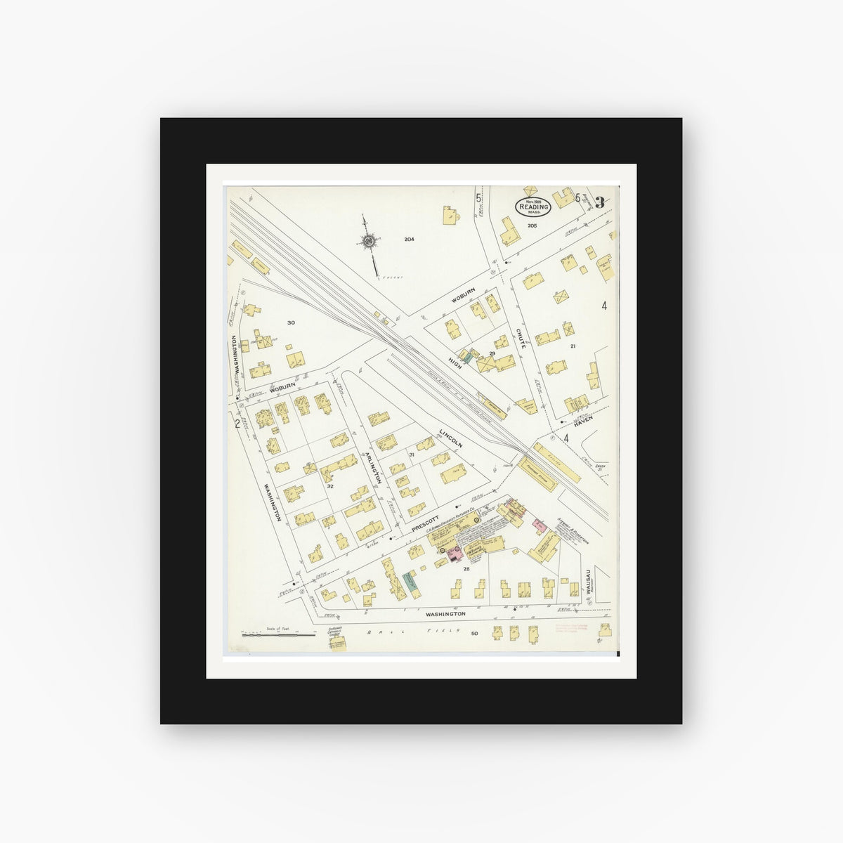 Old map wall art mockup — black gallery frame with white mat — Sanborn Fire Insurance Map from Reading, Middlesex County, Massachusetts (1909), Sheet #0003