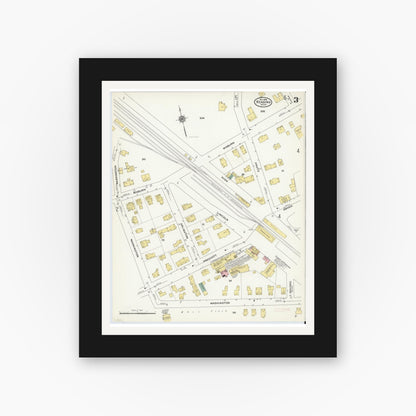 Old map wall art mockup — black gallery frame with white mat — Sanborn Fire Insurance Map from Reading, Middlesex County, Massachusetts (1909), Sheet #0003