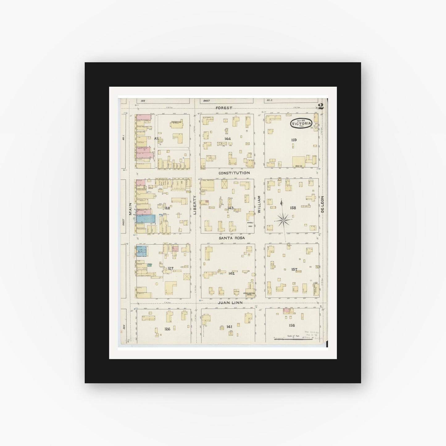 Old map wall art mockup — black gallery frame with white mat — Sanborn Fire Insurance Map from Victoria, Victoria County, Texas (1891), Sheet #0002