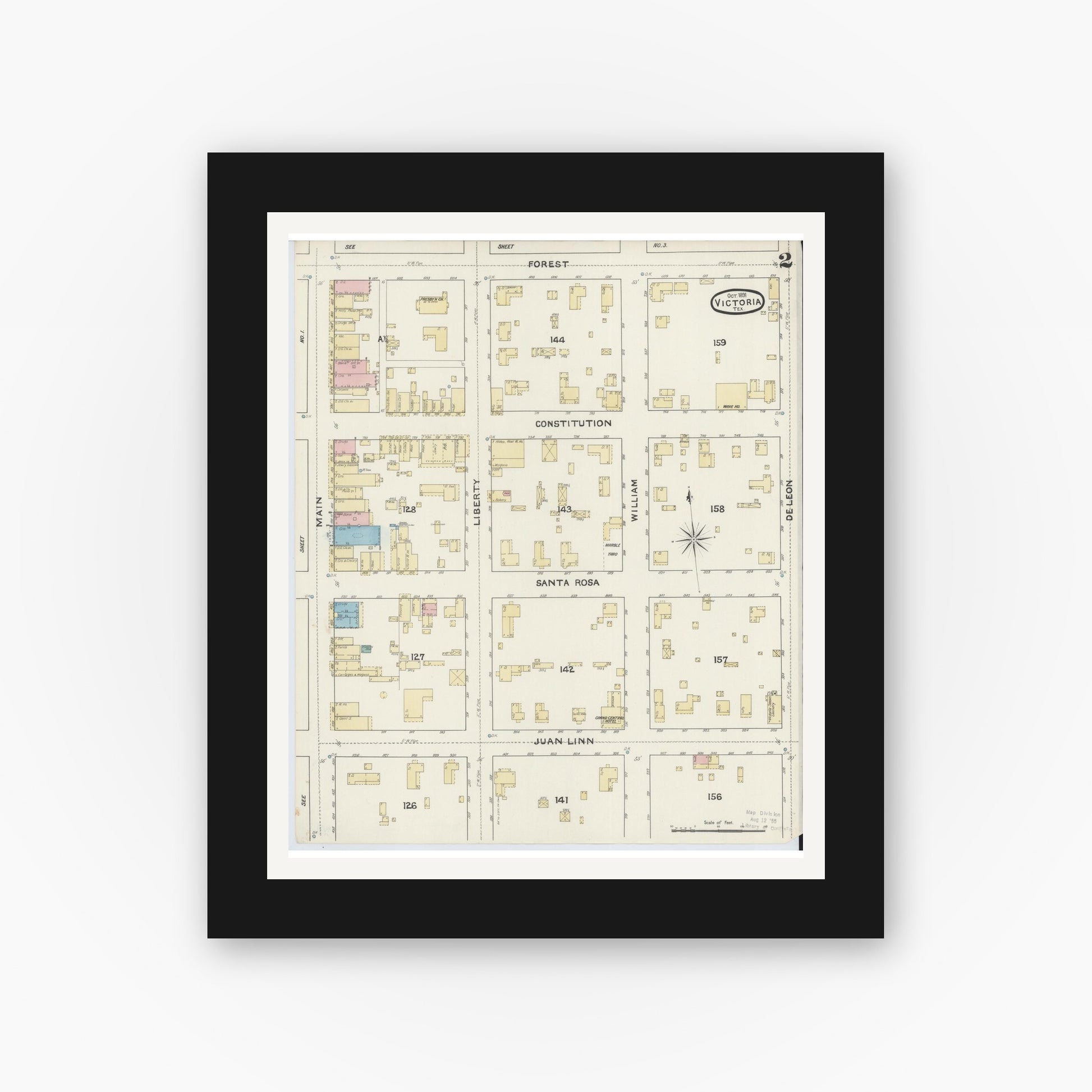 Old map wall art mockup — black gallery frame with white mat — Sanborn Fire Insurance Map from Victoria, Victoria County, Texas (1891), Sheet #0002