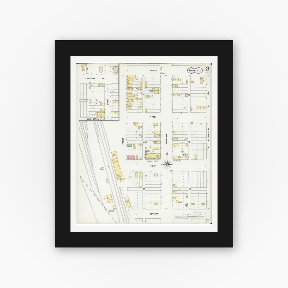 Old map wall art mockup — black gallery frame with white mat — Sanborn Fire Insurance Map from Barnesville, Clay County, Minnesota (1899), Sheet #0003