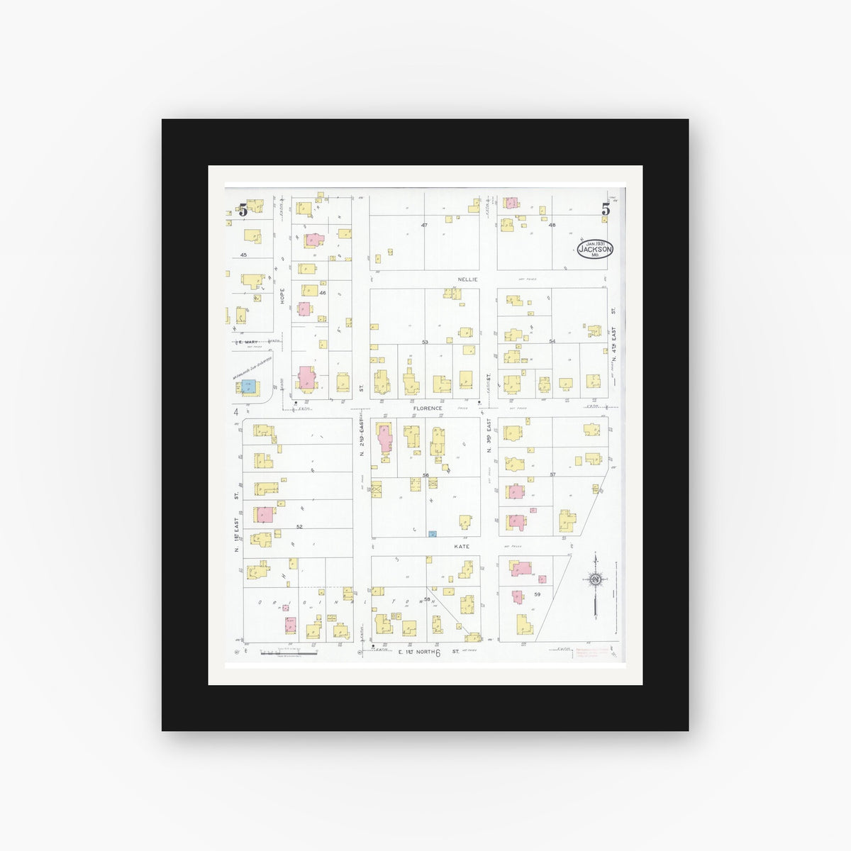 Old map wall art mockup — black gallery frame with white mat — Sanborn Fire Insurance Map from Jackson, Cape Girardeau County, Missouri (1931), Sheet #0005