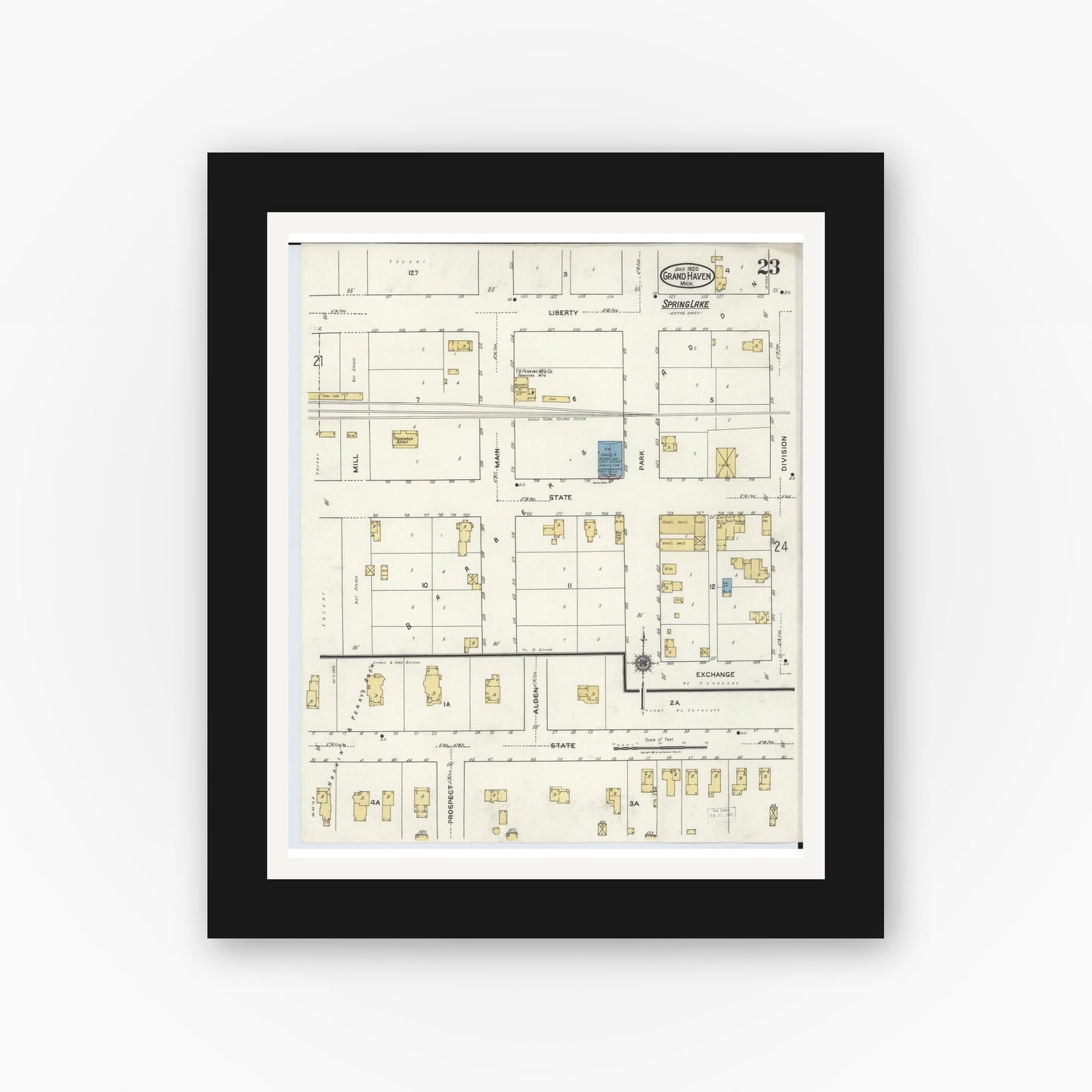 Old map wall art mockup — black gallery frame with white mat — Sanborn Fire Insurance Map from Grand Haven, Ottawa County, Michigan (1920), Sheet #0023
