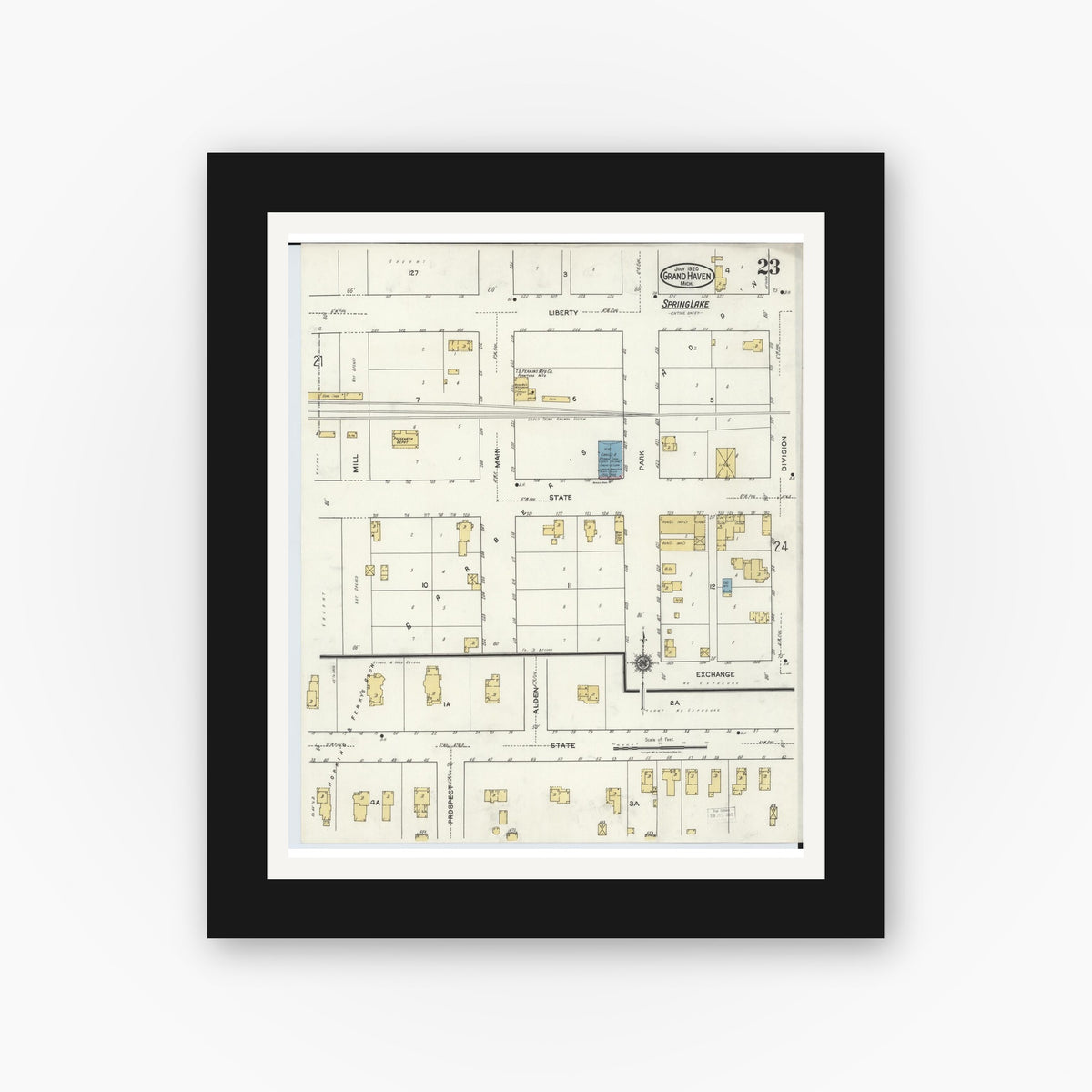 Old map wall art mockup — black gallery frame with white mat — Sanborn Fire Insurance Map from Grand Haven, Ottawa County, Michigan (1920), Sheet #0023
