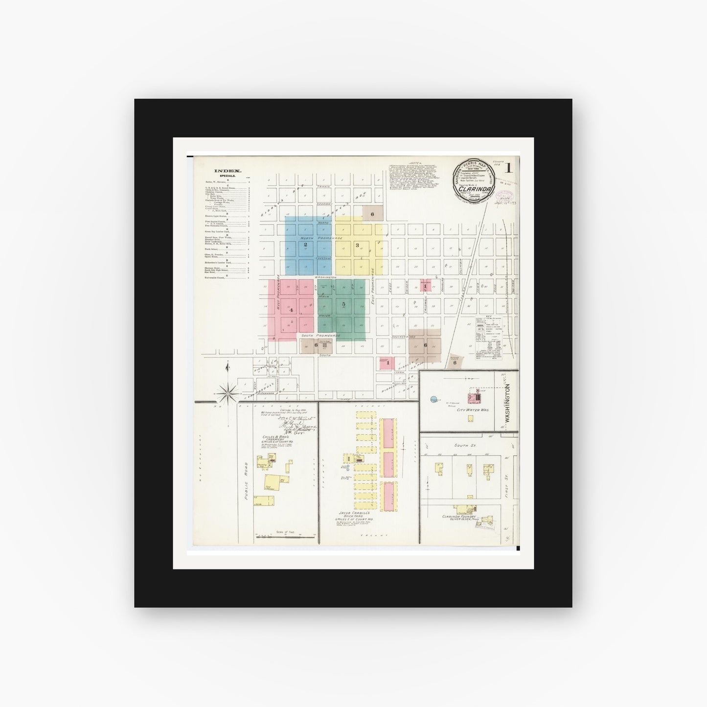 Old map wall art mockup — black gallery frame with white mat — Sanborn Fire Insurance Map from Clarinda, Page County, Iowa (1893), Sheet #0001