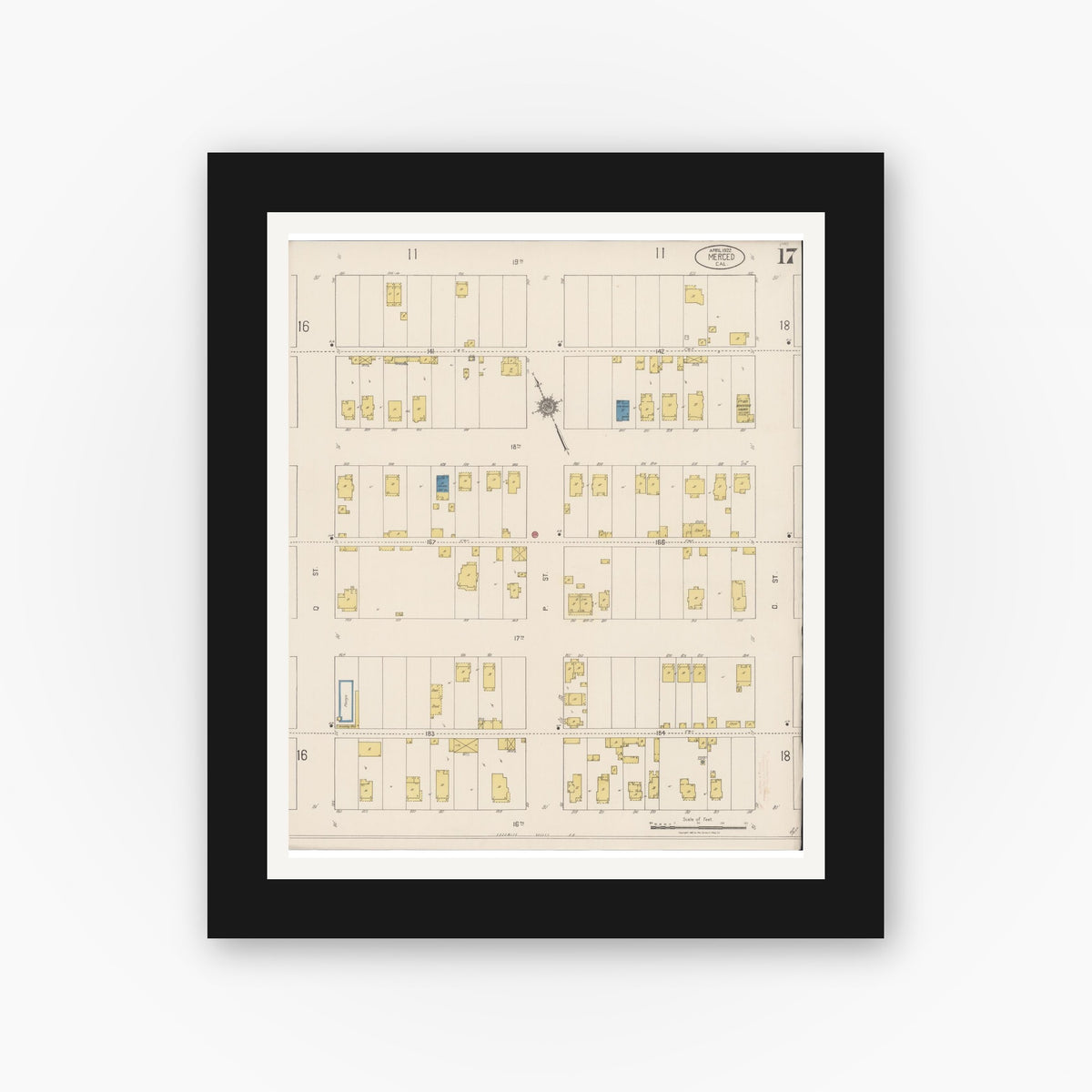 Old map wall art mockup — black gallery frame with white mat — Sanborn Fire Insurance Map from Merced, Merced County, California (1922), Sheet #0017