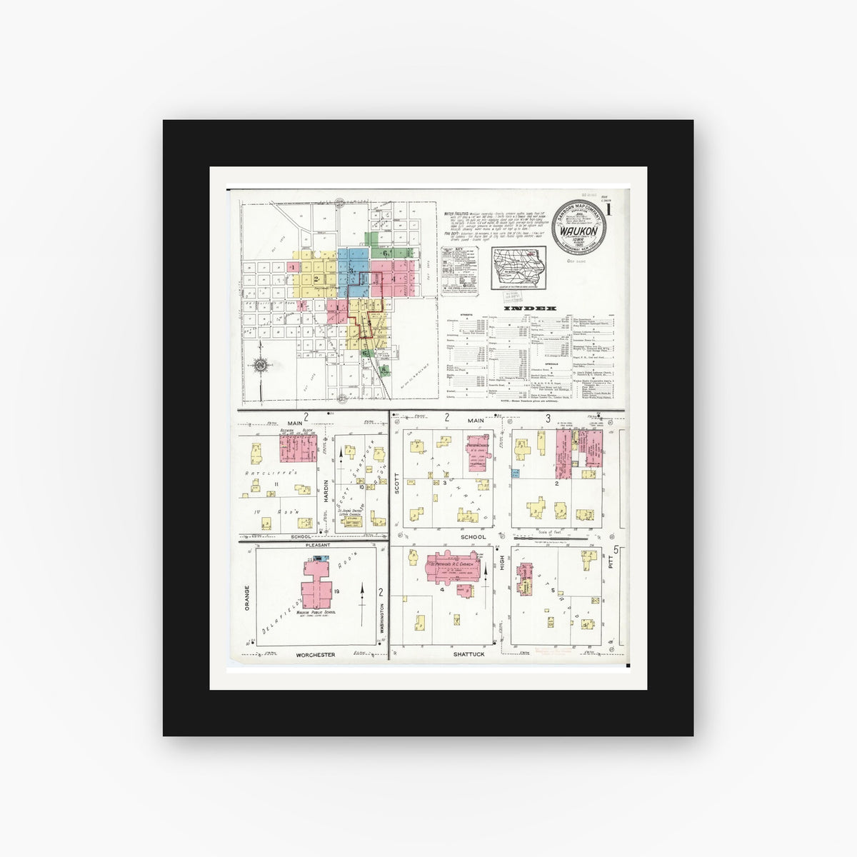 Old map wall art mockup — black gallery frame with white mat — Sanborn Fire Insurance Map from Waukon, Allamakee County, Iowa (1920), Sheet #0001