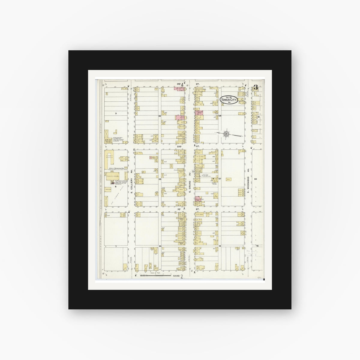 Old map wall art mockup — black gallery frame with white mat — Sanborn Fire Insurance Map from Tower City, Schuylkill County, Pennsylvania (1911), Sheet #0003
