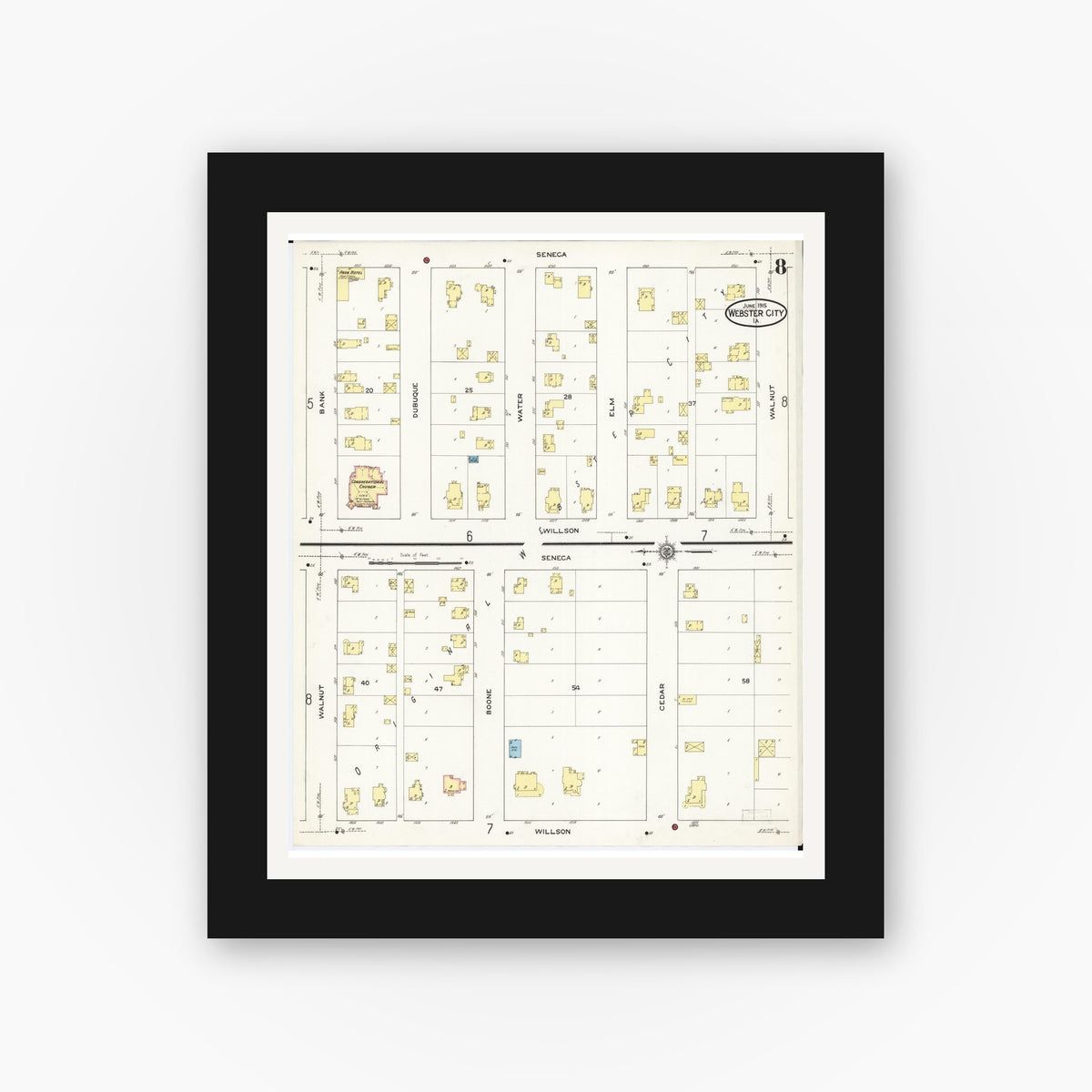 Old map wall art mockup — black gallery frame with white mat — Sanborn Fire Insurance Map from Webster City, Hamilton County, Iowa (1915), Sheet #0008