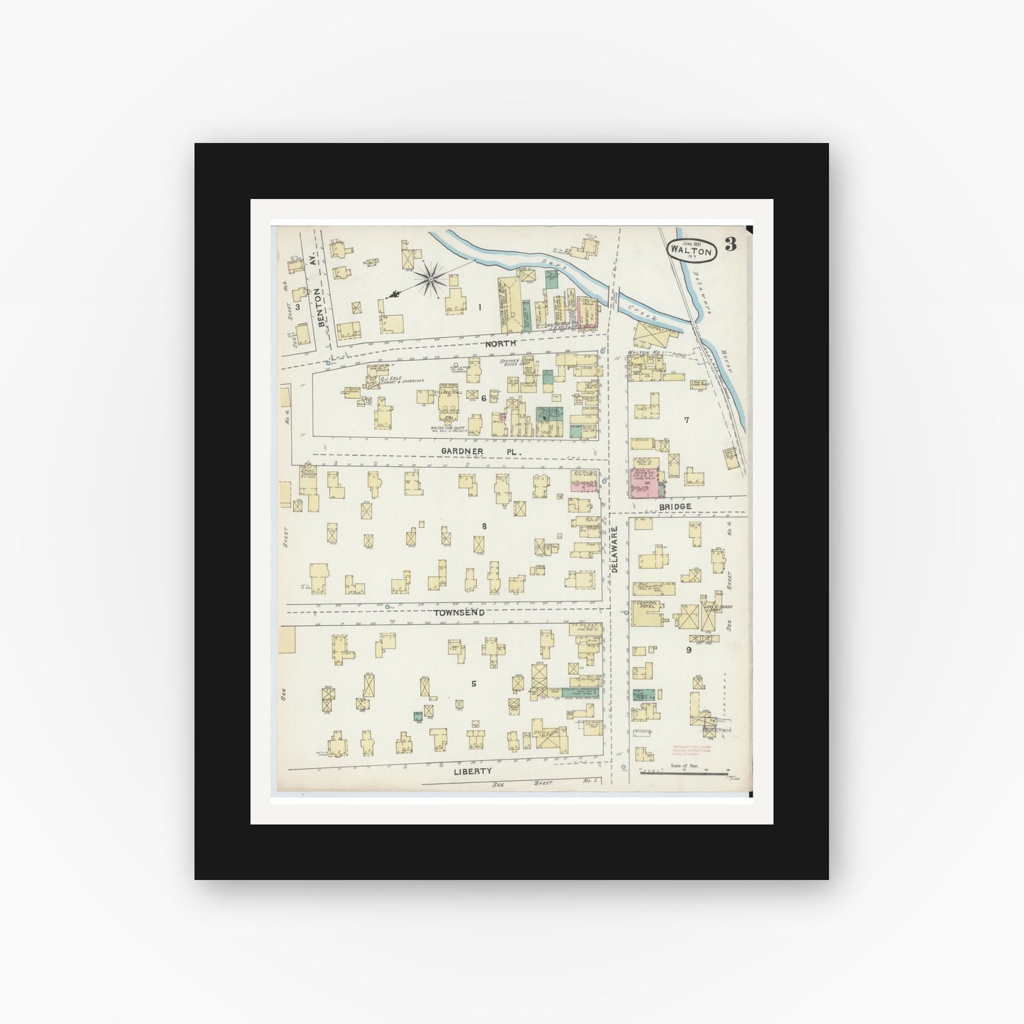 Old map wall art mockup — black gallery frame with white mat — Sanborn Fire Insurance Map from Walton, Delaware County, New York (1891), Sheet #0003