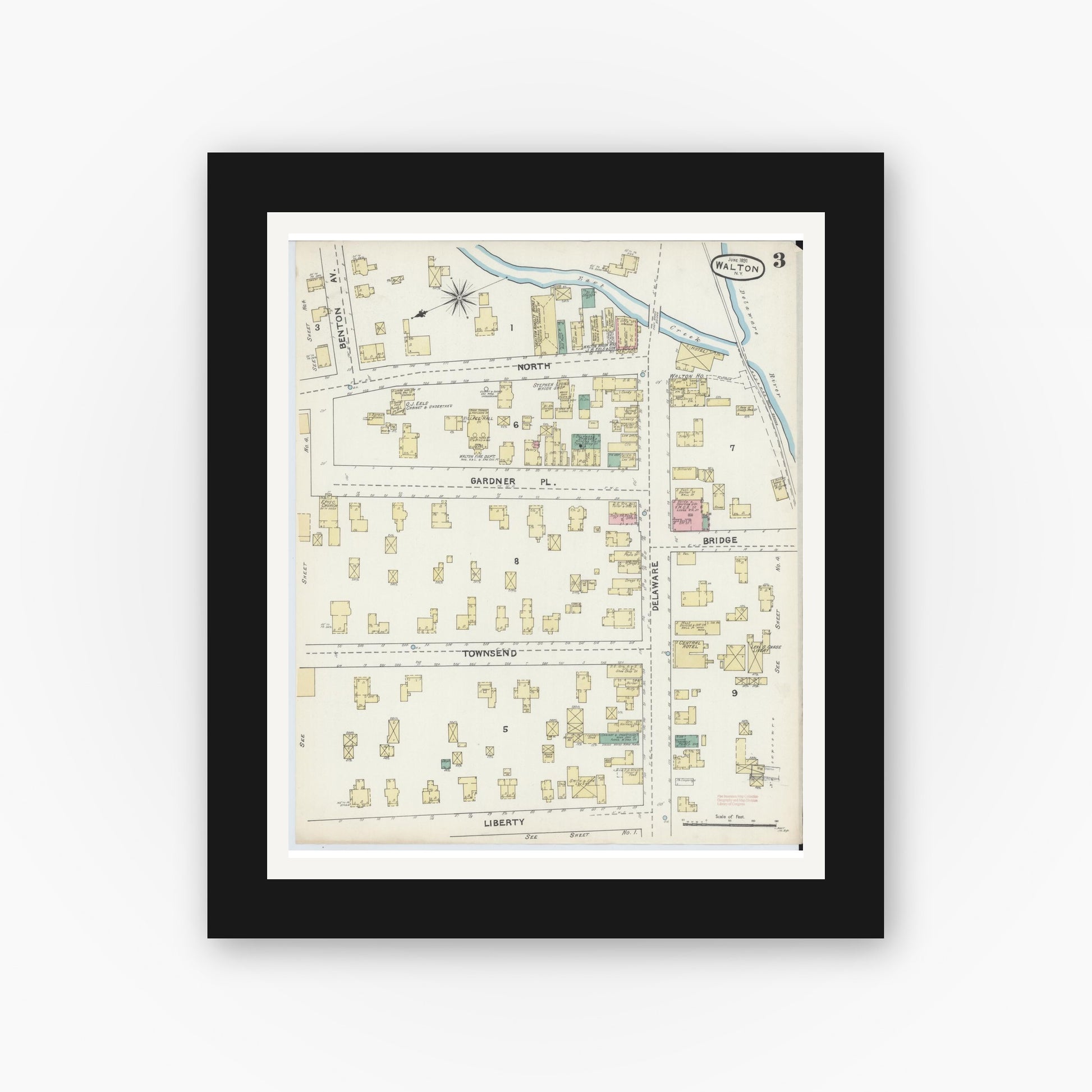 Old map wall art mockup — black gallery frame with white mat — Sanborn Fire Insurance Map from Walton, Delaware County, New York (1891), Sheet #0003