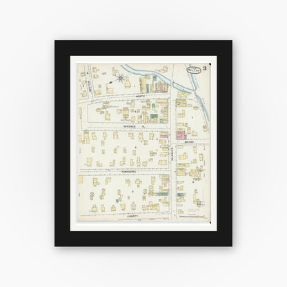 Old map wall art mockup — black gallery frame with white mat — Sanborn Fire Insurance Map from Walton, Delaware County, New York (1891), Sheet #0003