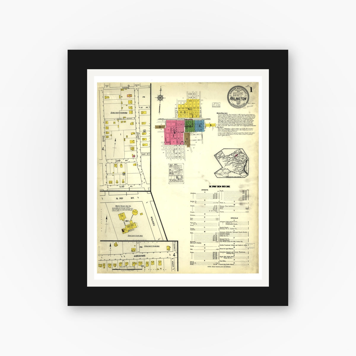 Old map wall art mockup — black gallery frame with white mat — Sanborn Fire Insurance Map from Arlington, Tarrant County, Texas (1917), Sheet #0001