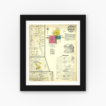 Old map wall art mockup — black gallery frame with white mat — Sanborn Fire Insurance Map from Arlington, Tarrant County, Texas (1917), Sheet #0001
