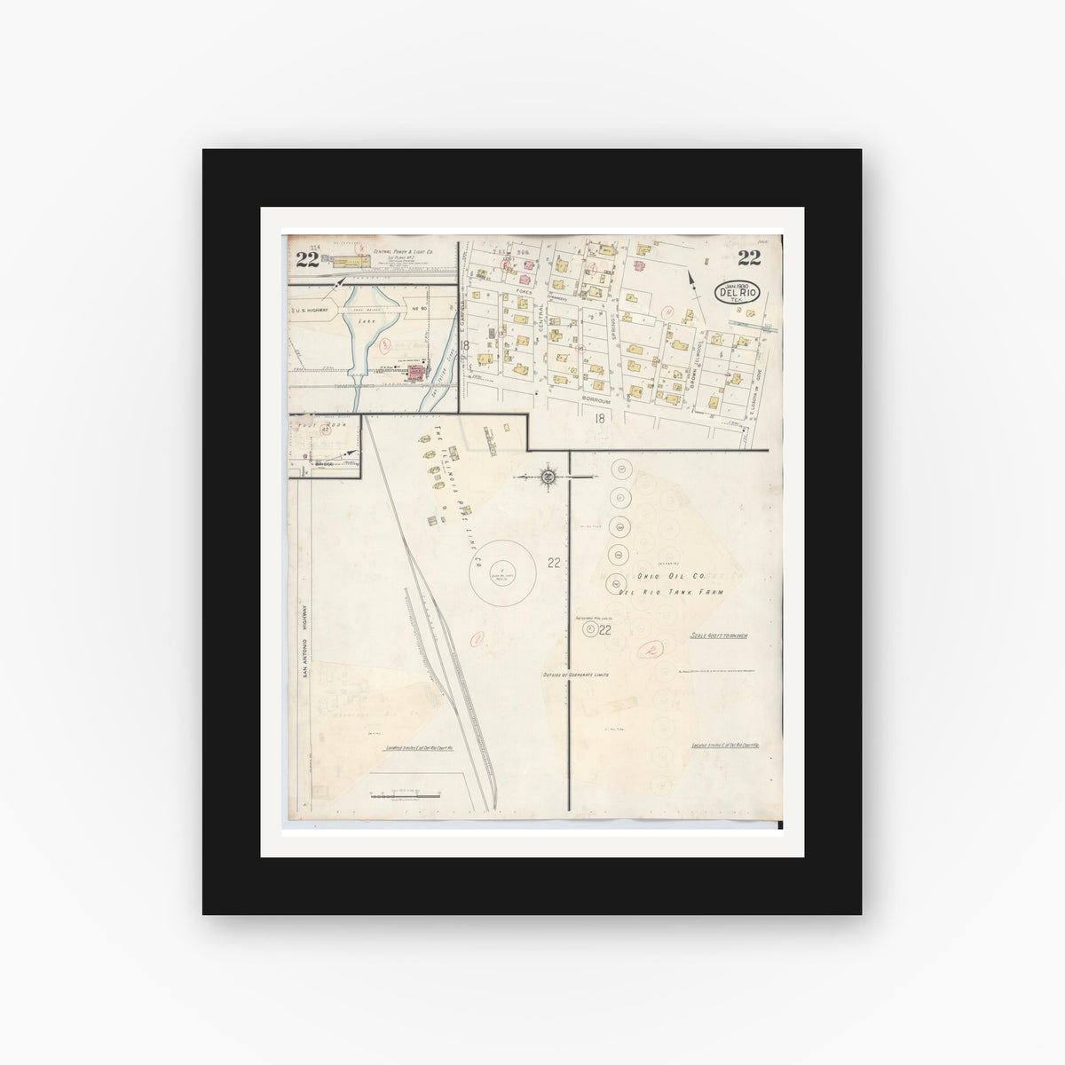 Old map wall art mockup — black gallery frame with white mat — Sanborn Fire Insurance Map from Del Rio, Val Verde County, Texas (1948), Sheet #0022