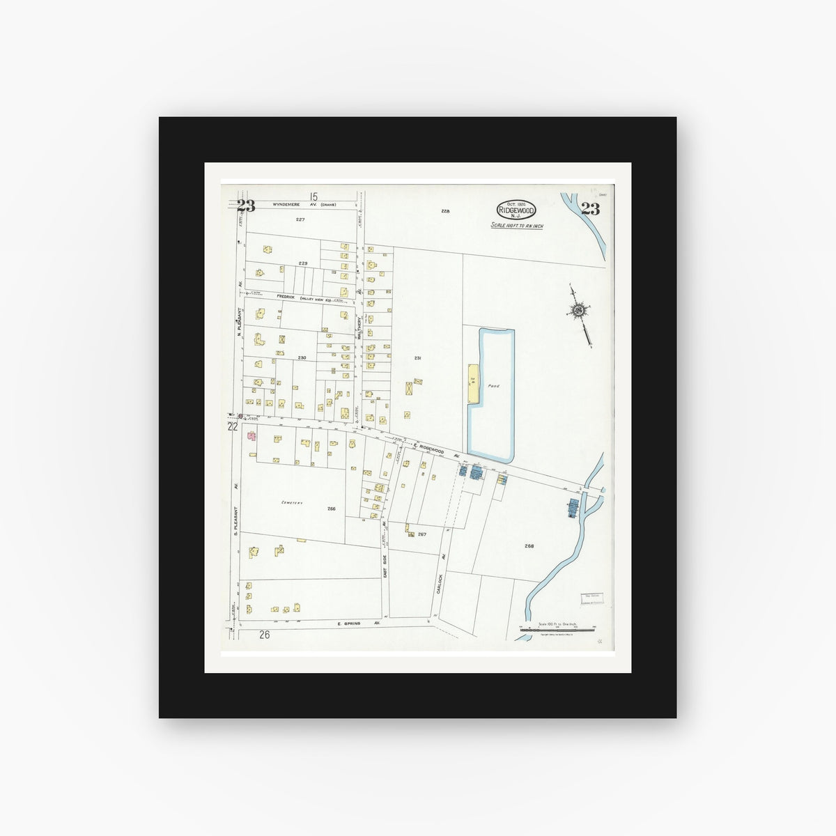 Old map wall art mockup — black gallery frame with white mat — Sanborn Fire Insurance Map from Ridgewood, Bergen County, New Jersey (1924), Sheet #0023