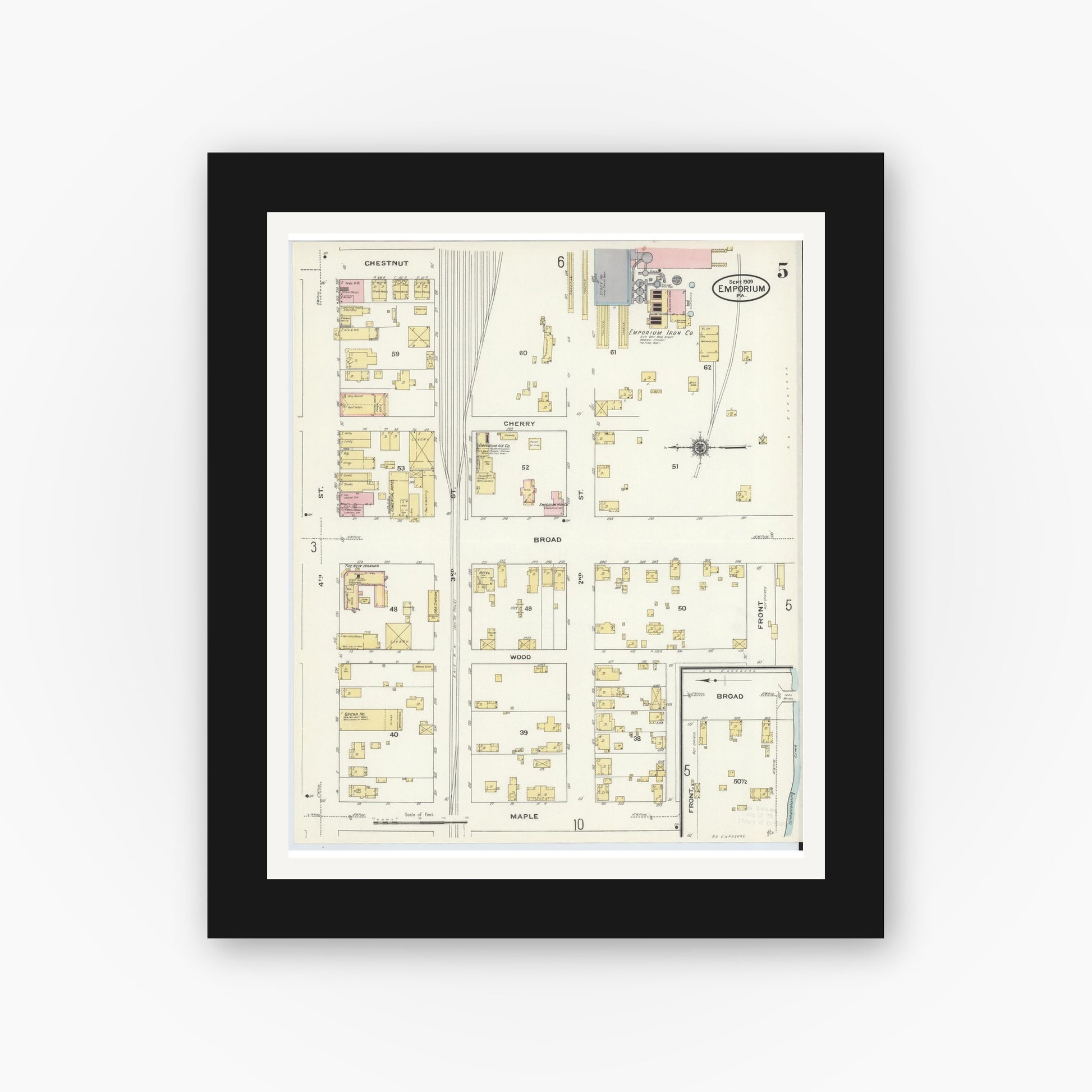 Old map wall art mockup — black gallery frame with white mat — Sanborn Fire Insurance Map from Emporium, Cameron County, Pennsylvania (1909), Sheet #0005