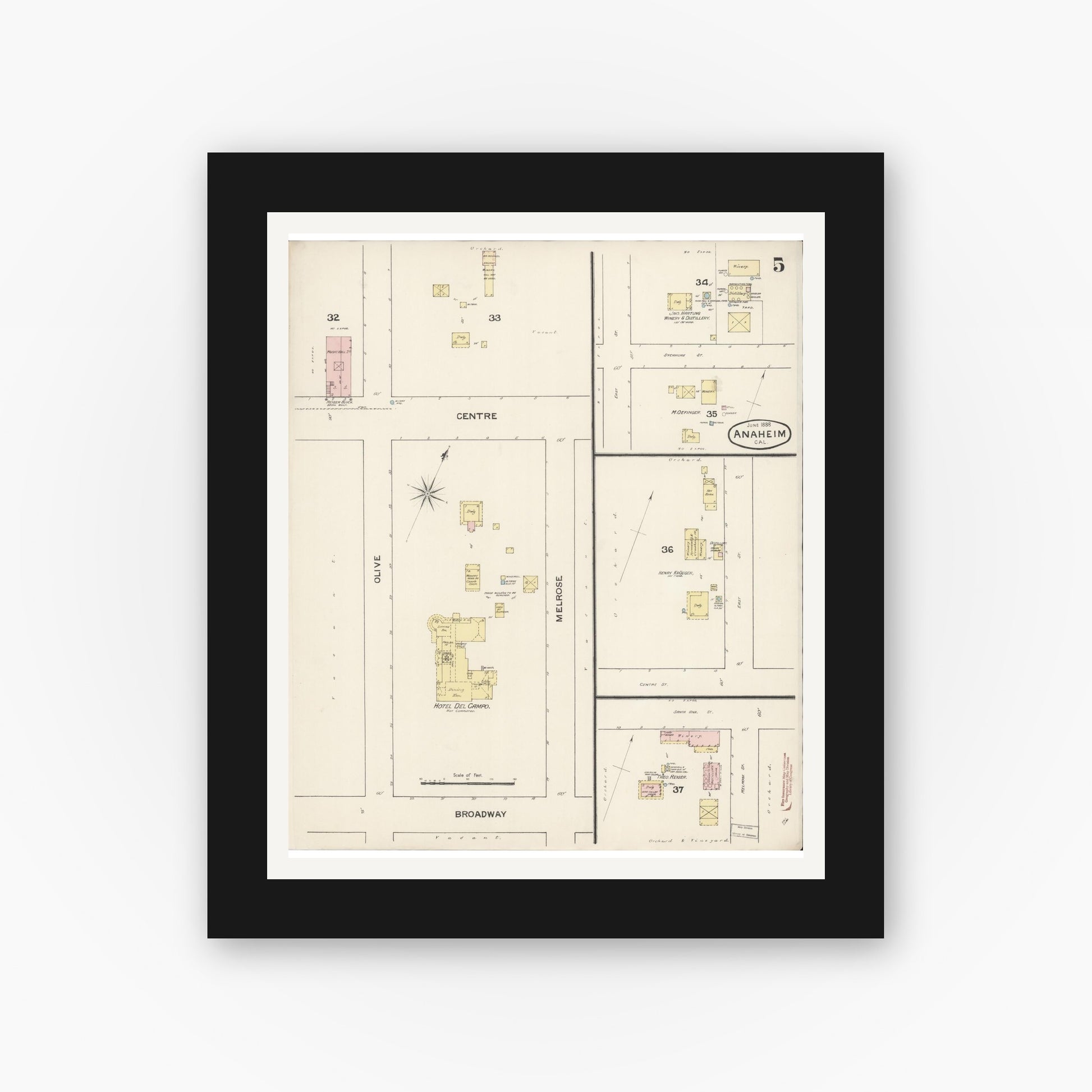 Old map wall art mockup — black gallery frame with white mat — Sanborn Fire Insurance Map from Anaheim, Orange County, California (1888), Sheet #0005